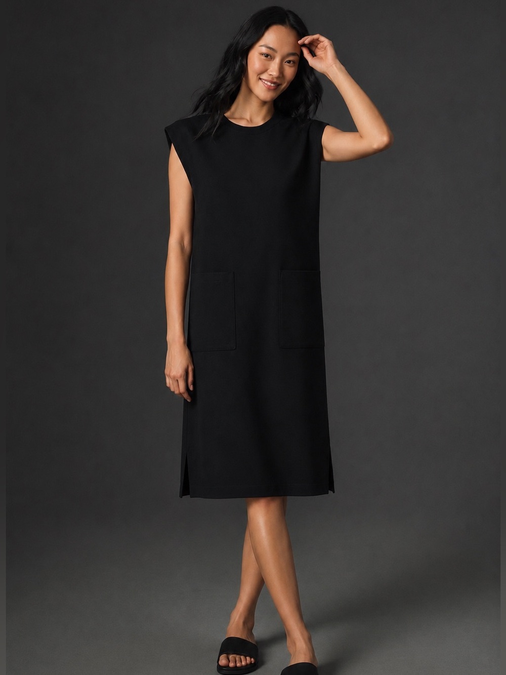 Anthropologie Maeve Muscle Column Midi Dress Black Patch Pocket Medium